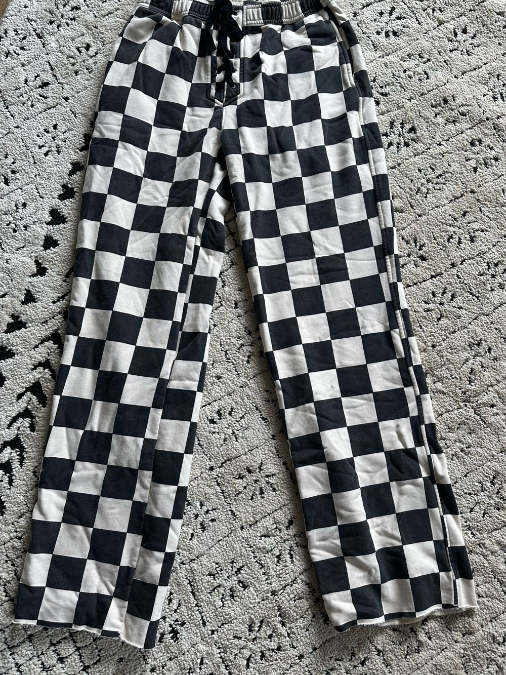 Black & White Checkerboard Track Pants with Drawstring Waist